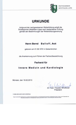 Urkunde zur Anerkennung der Facharztbezeichnung Innere Medizin und Kardiologie